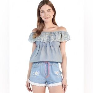 Blue Rain Eyelet Blue Stripe Floral Coquette Off the Shoulder Shirt